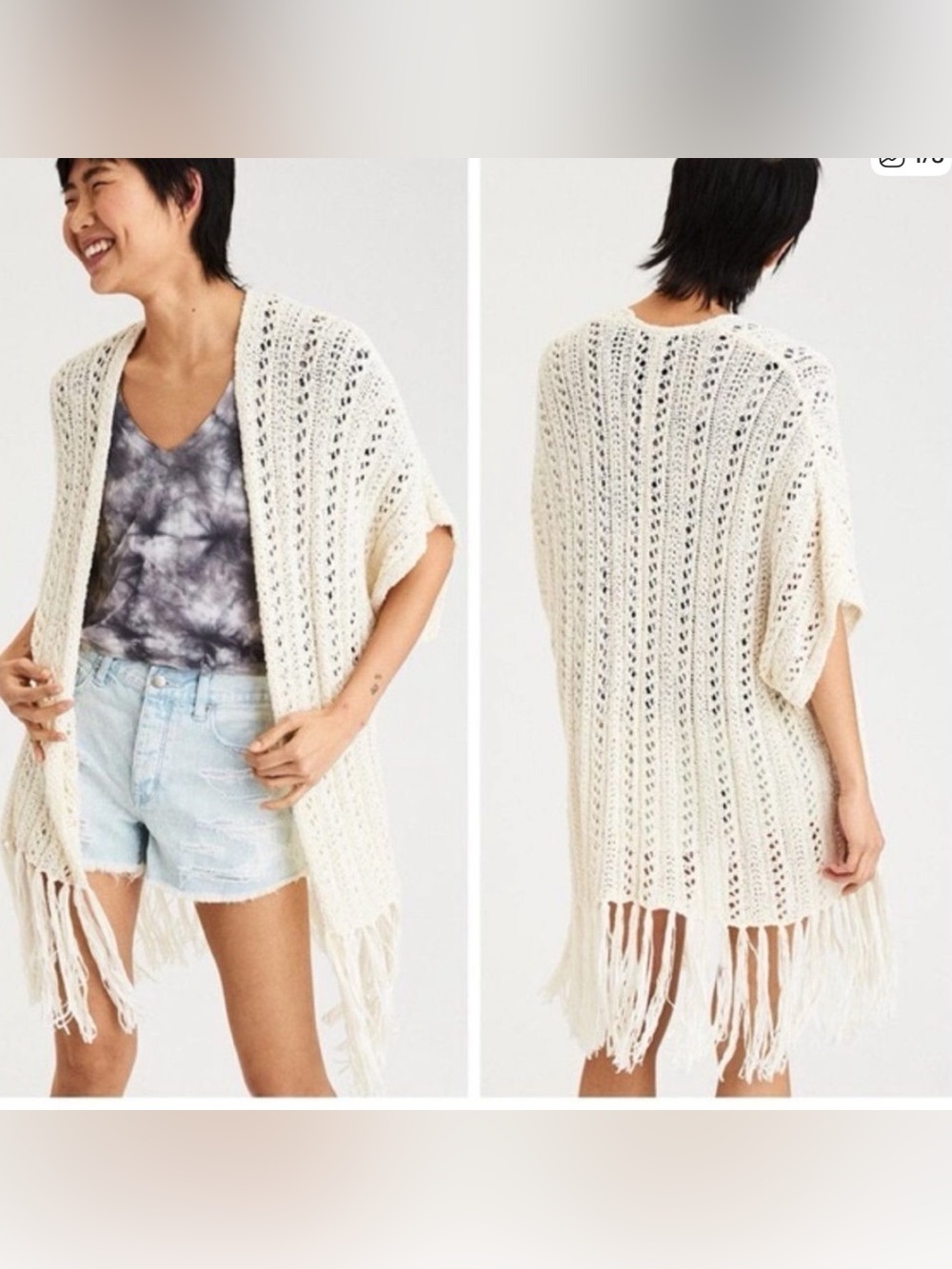 American Eagle Fringe Crochet Knit Kimono Shaw Ivory Cream Oversized Boho L/XL